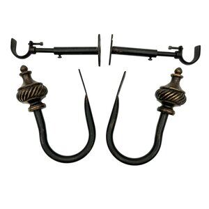 4pc Set Curtain Hardware 2 Rod Wall Hooks 2 Wall Mount Hold Backs Dark Metal